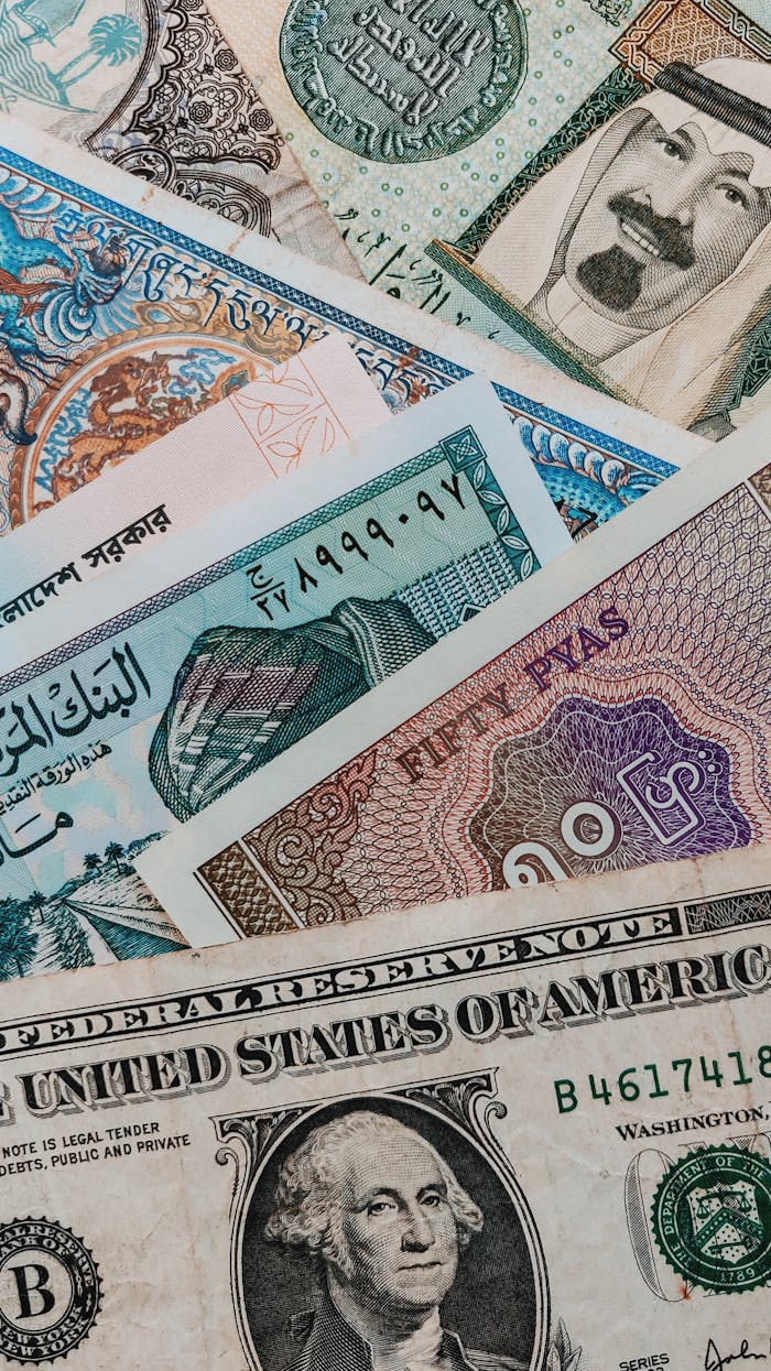 Assorted international banknotes arranged artistically, showcasing global currency diversity.